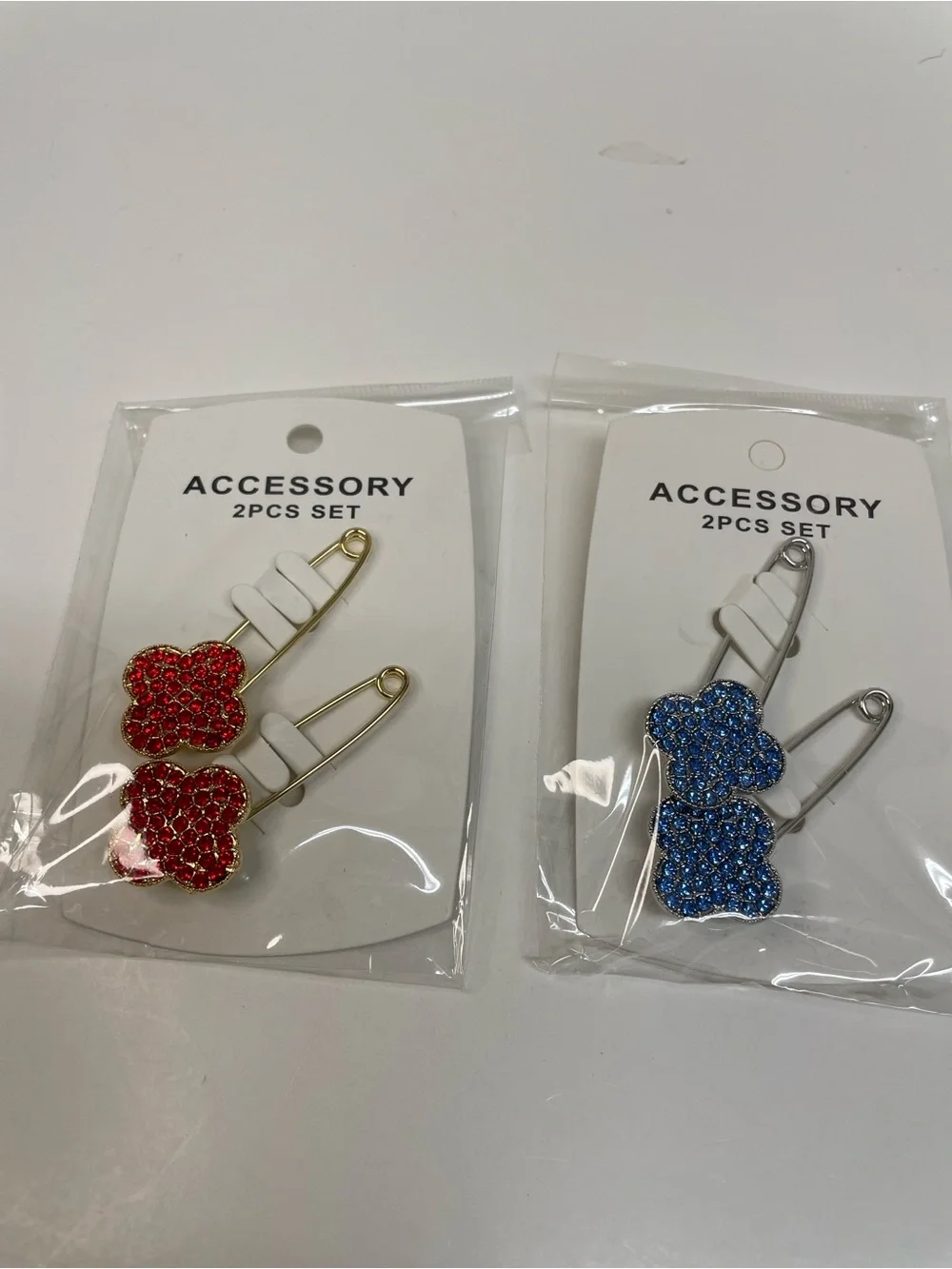 Red & Blue Sparkling Clover Brooch Pins - 2pc Sets
